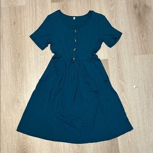 Teal Short Sleeve A-Line Basic Button Up Dress w Pockets